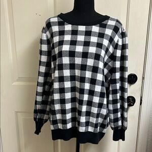 Susan Graver Weekend Balloon Sleeve Jacquard Sweater. Sky Black and White, XL